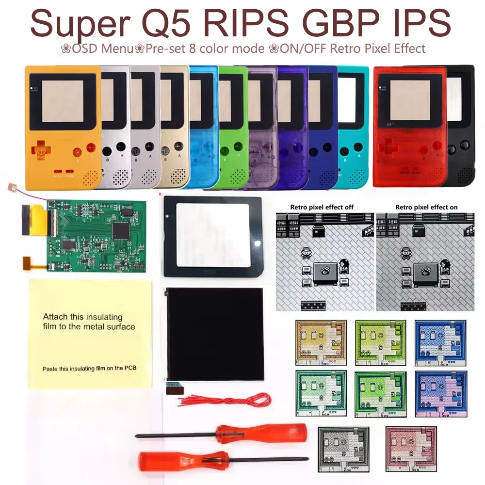 GBP Q5 Larger IPS Screen Display Build in OSD for Gameboy Pocket 8 Color Retro Pixel Screen Mod Kits with Shell