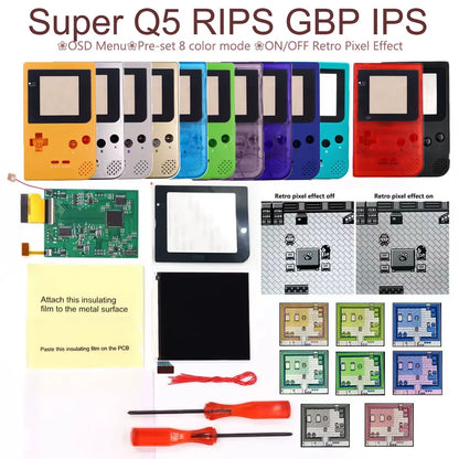 GBP Q5 Larger IPS Screen Display Build in OSD for Gameboy Pocket 8 Color Retro Pixel Screen Mod Kits with Shell