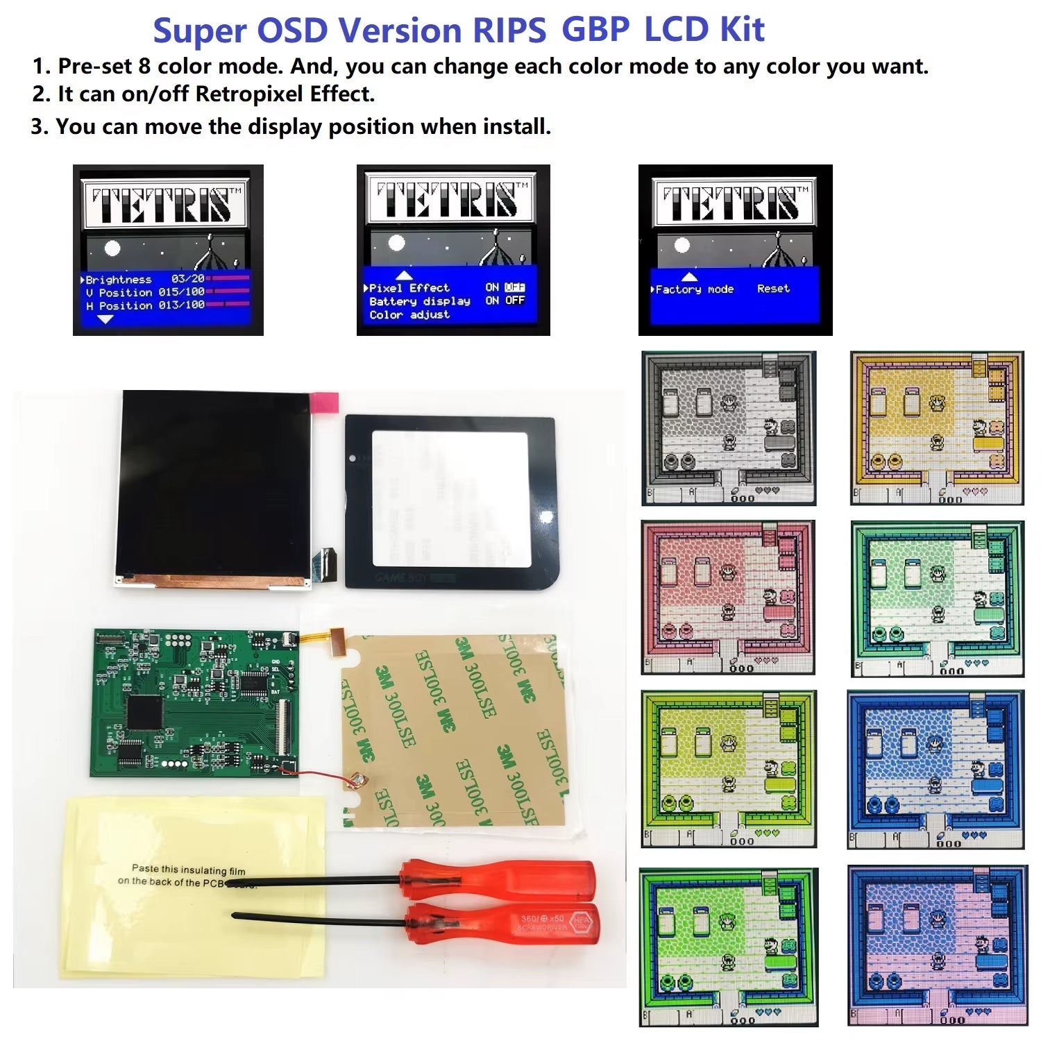 GBP Q5 Larger IPS Screen Display Build in OSD for Gameboy Pocket 8 Color Retro Pixel Screen Mod Kits with Shell