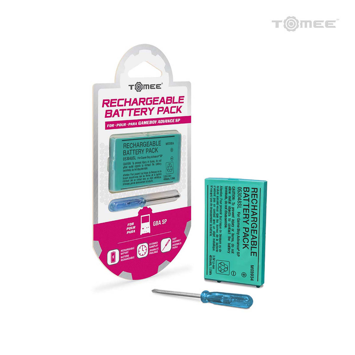 Tomee rechargeable battery pack with screwdriver on a white background
