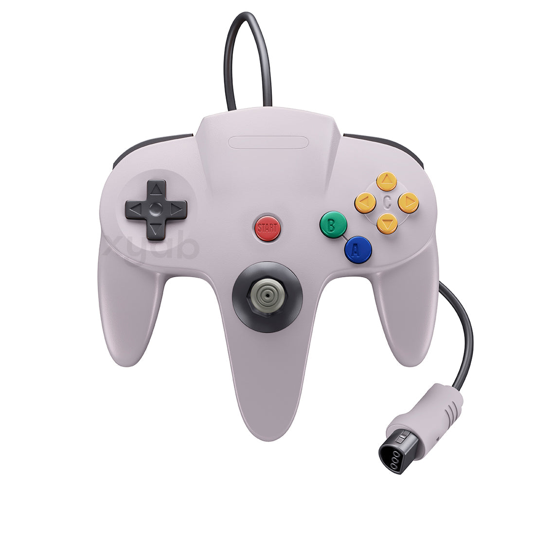 Gray N64 gaming controller with colored buttons on a white background
