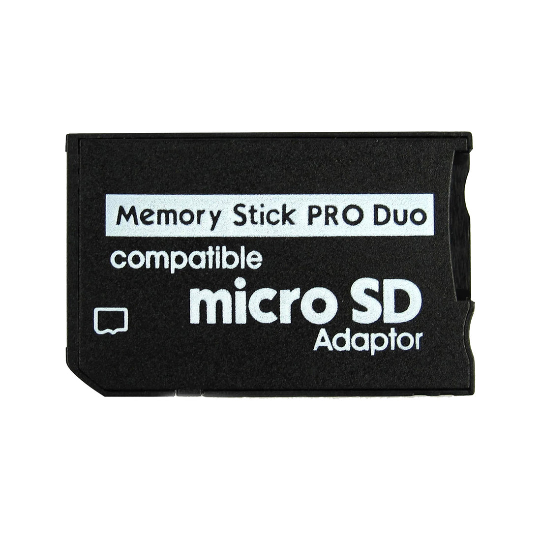 Black micro SD adapter with text on a white background