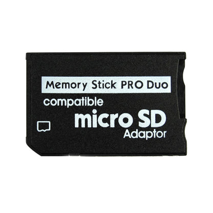 Black micro SD adapter with text on a white background